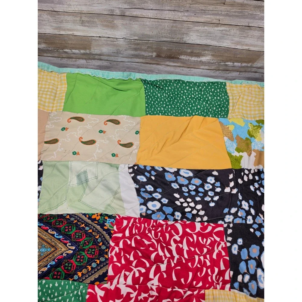 Handmade Vintage Patchwork‎ Quilt Multi Color Floral Paisley Gingham 64x77 READ